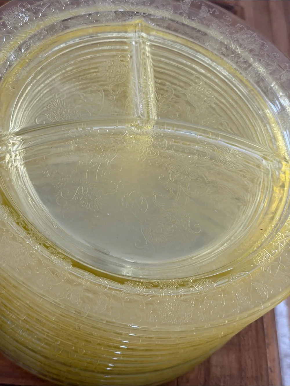 4 Topaz Yellow Depression Glass Divided Grill Plates 10.5” Floral Etched Lunch